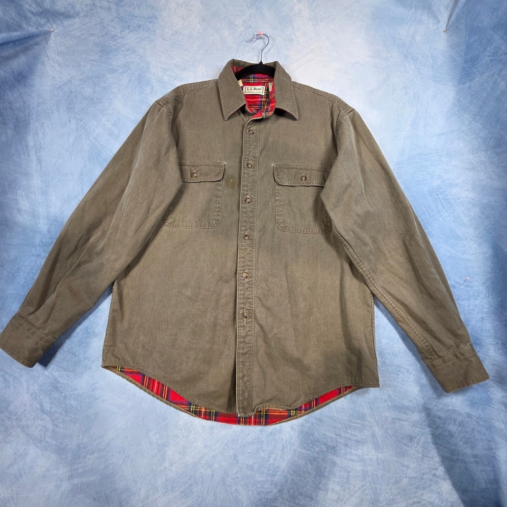 LL Bean Mens Medium Flannel Lined Canvas Shirt Jacket Olive Green Made in USA